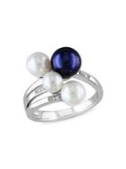 Sonatina Sterling Silver, 5.5-8mm Black & White Freshwater Pearl & Diamond Cluster Ring