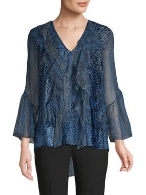 Elie Tahari Beverley Burnout Velvet Ruffle Blouse