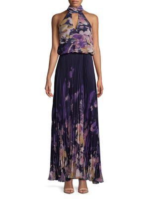 Xscape Pleated Keyhole Halter Maxi Dress