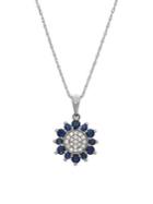Lord & Taylor Diamond, Blue Sapphire & 14k White Gold Flower Pendant Necklace