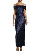 Belle By Badgley Mischka Off-the-shoulder Sequined Gown