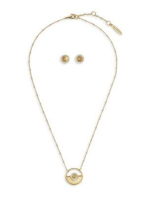 Sole Society 12k Goldtone, Gray Onyx & Crystal Round Pendant Necklace & Stud Earrings Set