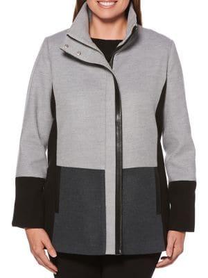 Rafaella Heathered Panel Faux Leather Trim Zip Jacket