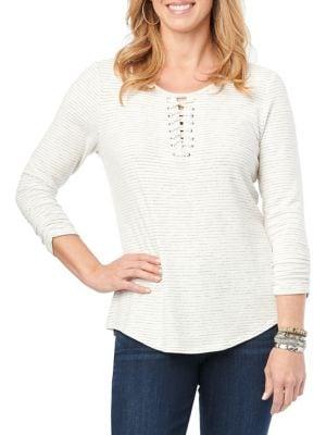 Democracy Quarter-sleeve Lace-up Stripe Top