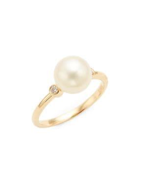 Effy 14k Yellow Gold, 8mm White Pearl And Diamond Solitaire Ring