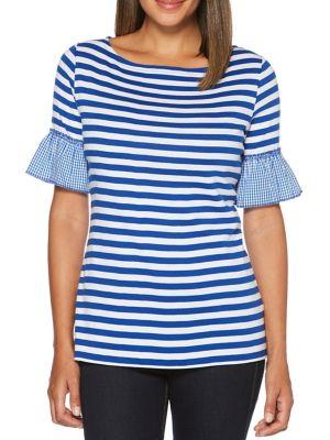 Rafaella Bell-sleeve Striped Gingham Cotton Tee