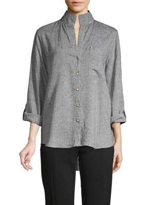 Jones New York Stand Collar Roll-tab Button Front Shirt