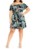 City Chic Plus Pacifica Safari Inspired-print Off-the-shoulder Fit-&-flare Dress