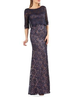 Js Collections Embroidered Lace Overlay Gown