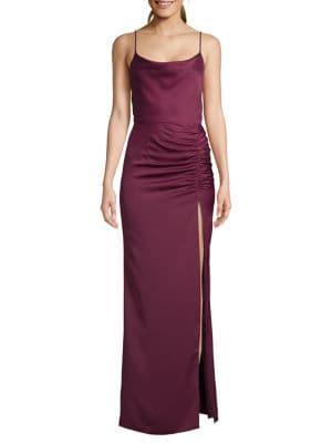 Betsy & Adam Ruched Side Slit Satin Gown