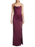 Betsy & Adam Ruched Side Slit Satin Gown