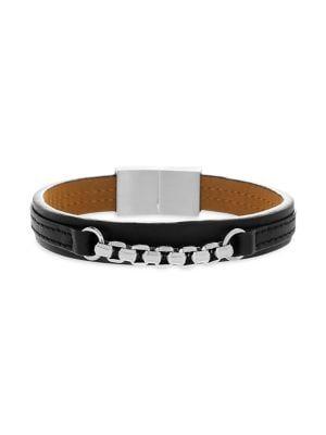 Lord & Taylor Stainless Steel & Leather Box Chain Bracelet
