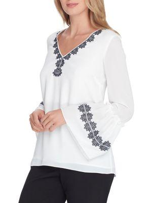 Tahari Arthur S. Levine Petite Embroidered Flounce Sleeve Blouse
