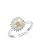 Effy 14k White Gold, 8mm White Round Pearl & Diamond Solitaire Ring
