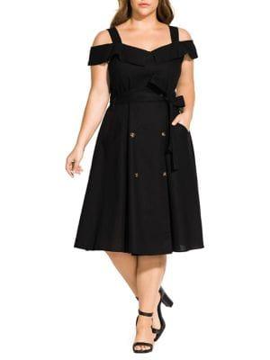 City Chic Plus Commando Off-shoulder Double-breasted Dress