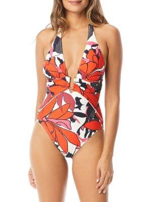 Vince Camuto Wild Lotus Plunging Wrap One-piece Swimsuit