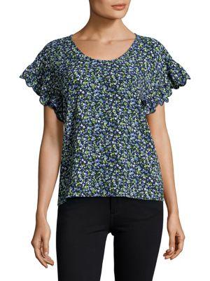 Michael Michael Kors Tiny Wildflower-print Embroidered Ruffle Short-sleeve Top