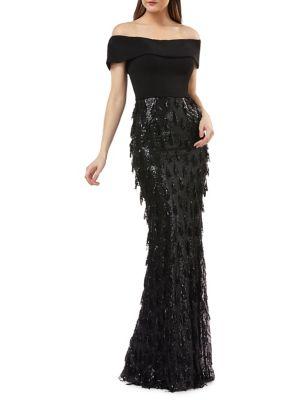 Carmen Marc Valvo Infusion Off-the-shoulder Embellished Evening Gown