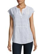 Two By Vince Camuto Cap-sleeve Split Neck Stripe Top
