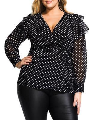 City Chic Plus Relaxed-fit Spotty Tie Wrap Top