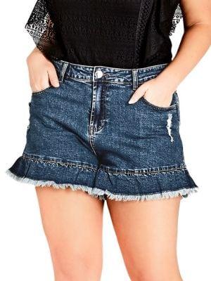 City Chic Plus Flirty Frill Denim Shorts