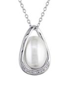 Sonatina Sterling Silver, 9.5-10mm White Rice Pearl & Diamond Pendant Necklace