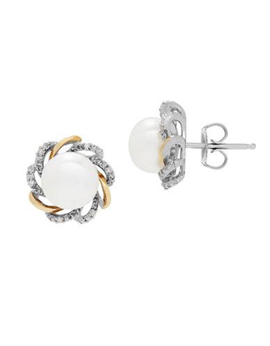 Lord & Taylor 8mm White Button Freshwater Pearl, Diamond, Sterling Silver And 14k Yellow Gold Floral Stud Earrings