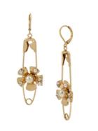 Miriam Haskell Coral Reign Goldtone, Faux Pearl & Crystal Safety Pin Drop Earrings