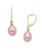 Lord & Taylor Pink Pearl Drop Earrings With Diamond Accent In 14 Kt. Yellow Gold .01 Ct. T.w. 8 Mm
