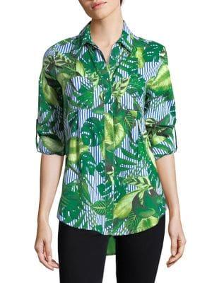 Lord & Taylor Petite Nancy Striped Leaf-print Cotton Button-down Shirt