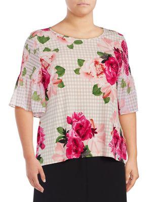 Calvin Klein Plus Checkered Floral Bell-sleeve Top