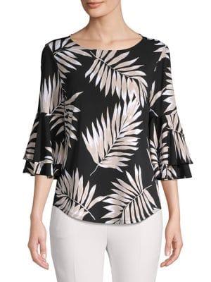 Context Tonal Palm Frond Ruffle-sleeve Top