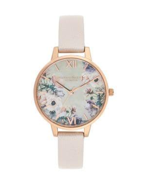 Olivia Burton Watercolor Florals Crystal And Leather-strap Watch