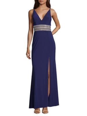 Xscape Embellished Leg Slit Evening Gown