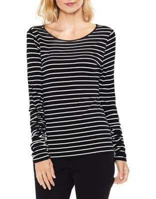 Vince Camuto Ruched Long-sleeve Linear Step Stripe Top