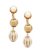Miriam Haskell Social White Round Faux Pearl & Crystal Double Drop Earrings