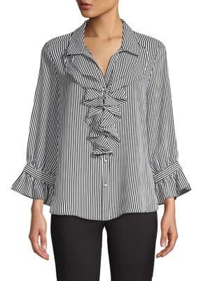 Karl Lagerfeld Paris Striped Ruffle Button Front Blouse