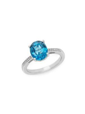 Lord & Taylor Sterling Silver, London Blue Topaz & Diamond Solitaire Ring