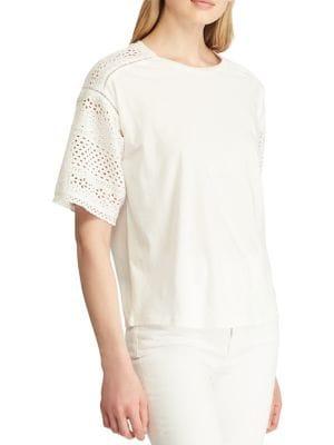 Lauren Ralph Lauren Petite Eyelet-sleeve Cotton Blend Top