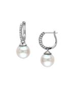 Sonatina Sterling Silver, 8.5-9mm White Round Pearl & Diamond Drop Earrings
