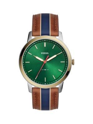 Fossil Minimalist Stainless Steel & Striped Leather-strap 3-hand Watch