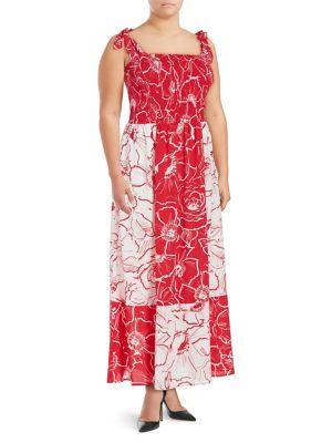 Gabby Skye Plus Smocked Floral Maxi Tied Dress