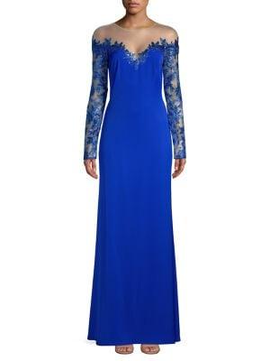 Tadashi Shoji Mesh Long-sleeve Evening Gown
