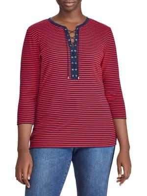 Lauren Ralph Lauren Plus Plus Lace-up Striped Cotton Top