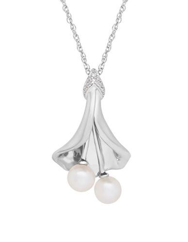 Lord & Taylor Diamond, 6-6.5mm Freshwater Pearl And Sterling Silver Floral Pendant Necklace- 0.3 Tcw