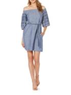 Laundry By Shelli Segal Embroidered Off-the-shoulder Chambray Dress