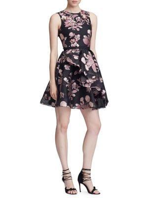 Marchesa Notte Floral Beaded Embroidered Fit-&-flare Dress
