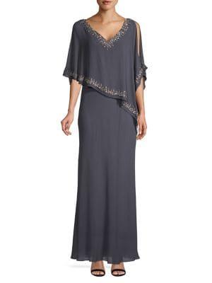 J Kara Embellished Short Sleeve Capelet Gown