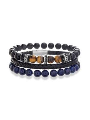 Lord & Taylor Stainless Steel, Vegan Leather & Tiger's Eye 3-piece Bracelet Set