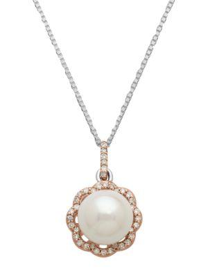 Lord & Taylor Sterling Silver Necklace With 14kt. Rose Gold Pearl And Diamond Pendant